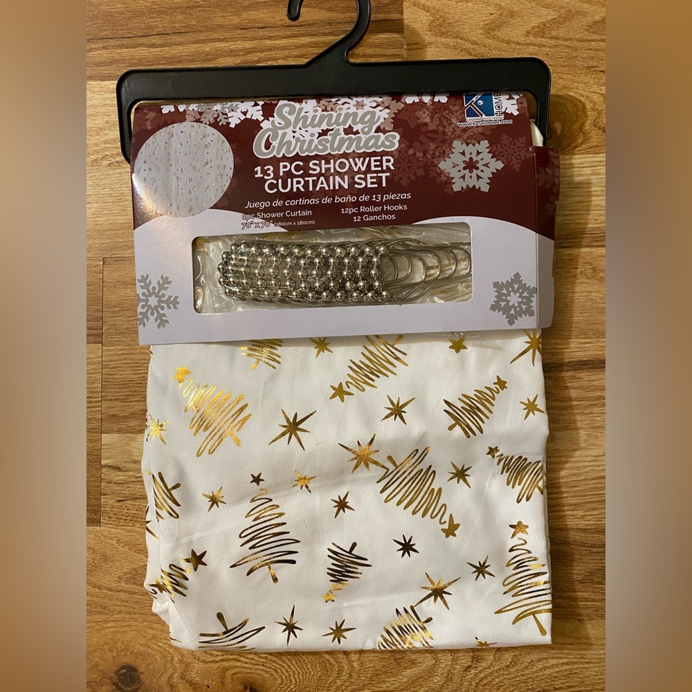 Gold and White Christmas Shower Curtain Set New